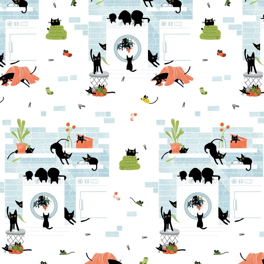 Feline Drive Fabric CATS IN THE LAUNDRY Rinse Repeat Wht Fat Quarter (18×22″) FQ