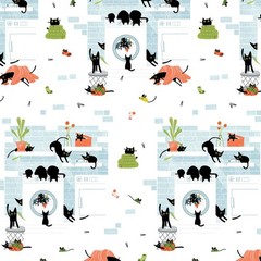 Feline Drive Fabric CATS IN THE LAUNDRY Rinse Repeat Wht Fat Quarter (18×22″) FQ
