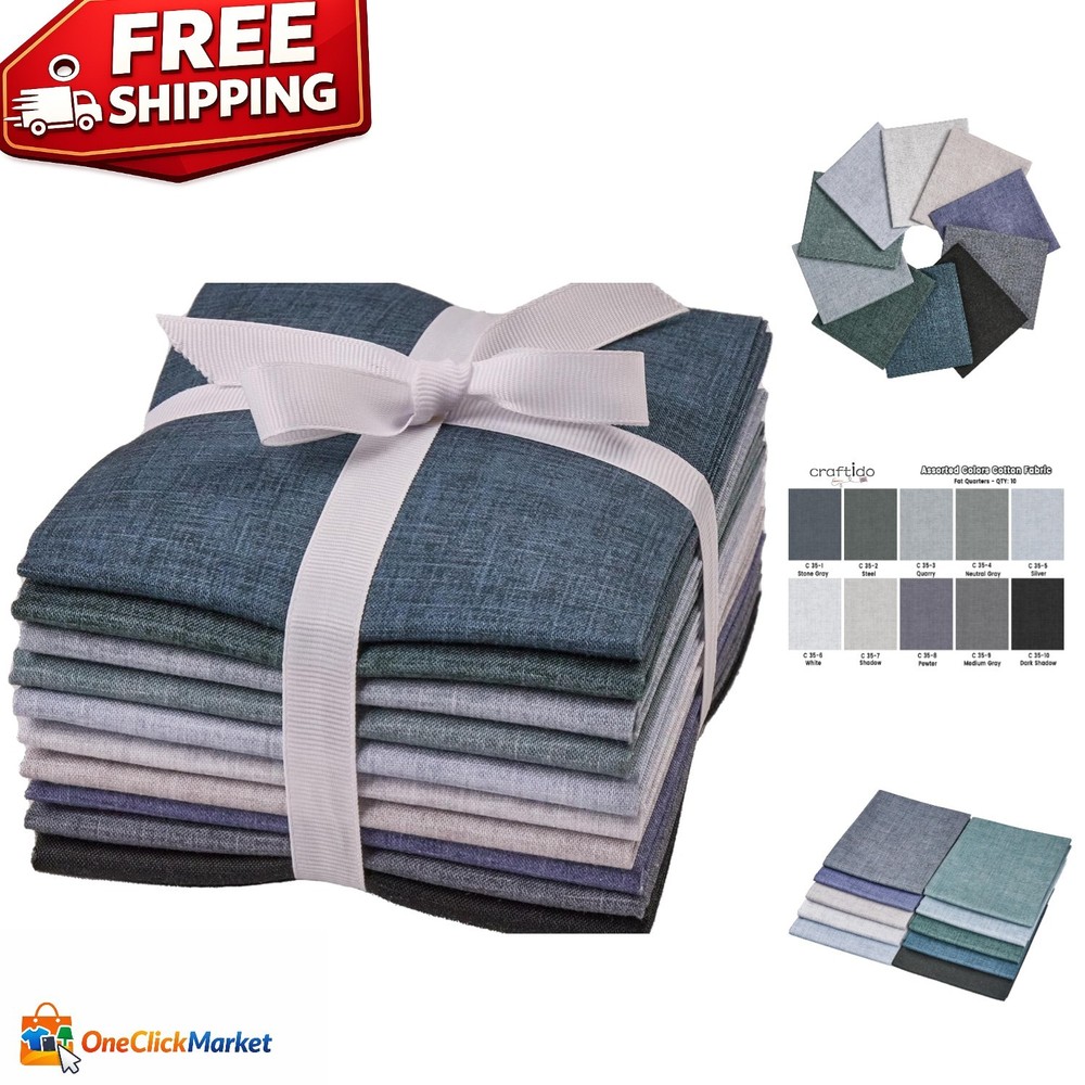 11 Assorted Cotton Fat Quarters – Monochrome Tweed Tonal Quilting Fabric Bundle