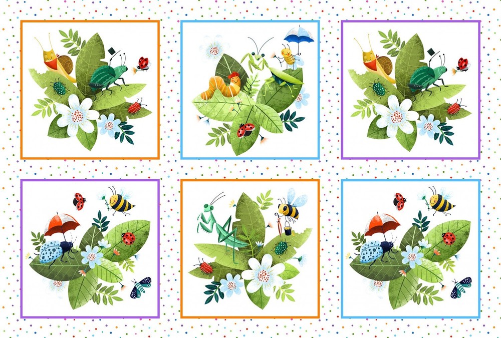 Hidden World, Block Panel Cute Insects, Elizabeth Studios Fabric BTY 44″ Wide