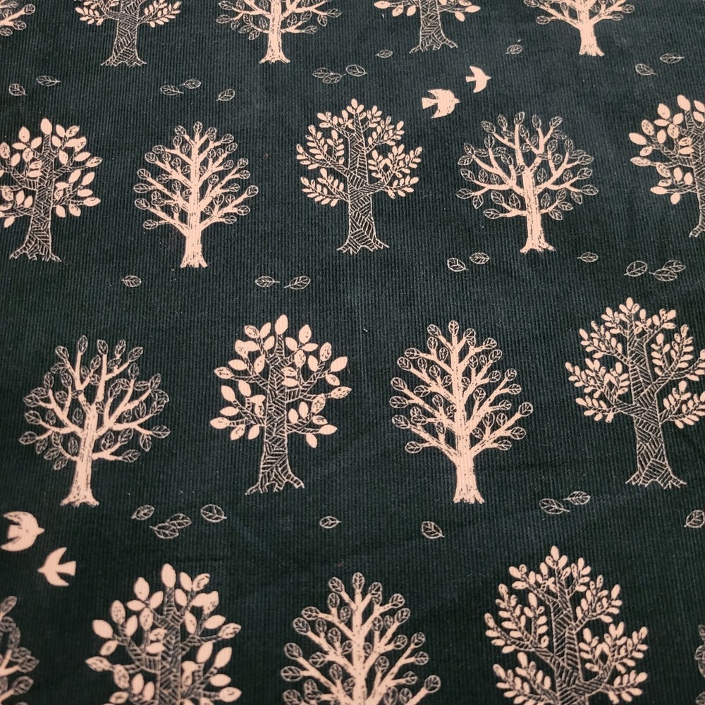White on Dark Teal Trees & Birds Japanese Cotton Corduroy Super-Fine Wale