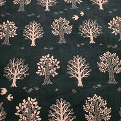 White on Dark Teal Trees & Birds Japanese Cotton Corduroy Super-Fine Wale