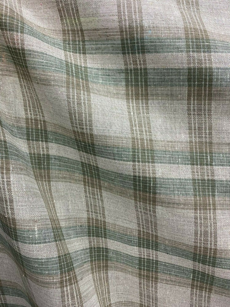 NATURAL SAGE GREEN BROWN Plaid 100% Linen Fabric (60 in.) Sold By The Yard