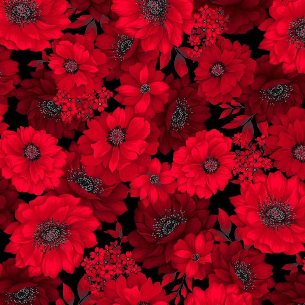 Henry Glass – Scarlet’s Treasure – Large Floral – Black/Red, Fabric by the Yard