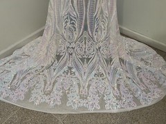 WHITE PINK BLUE Iridescent 4way stretch sequins Lace fabric 50” Width 1 Yard
