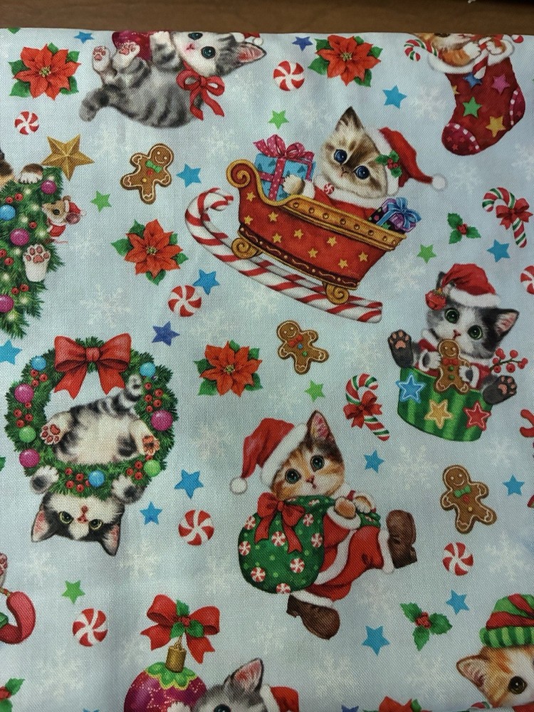 Christmas Kittens Santa Fabric Packed Kittens Cats Blue Cotton By The Yard