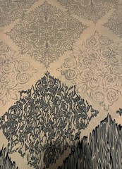 Peach Fabric With Distinctive Design In Black And Grey 4Y By 60” Approximately