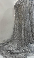 Exclusive Silver Beaded & Sequined Embroidered/Sequin Lace Fabric by the yrds