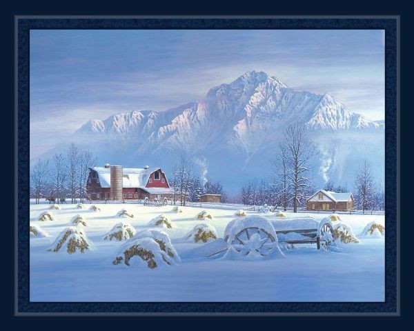 Early Snow Barn Scene Winter Farm Shane Lamb 36×44″ Cotton Fabric Panel