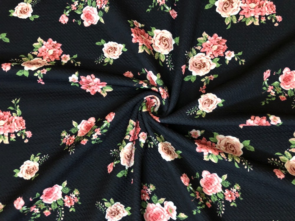 Bullet Knit Printed Fabric-Black Vanilla Roses-BPR276-Sold by the Yard