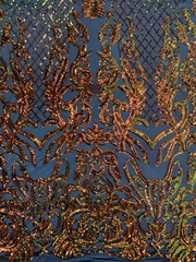 Phoebe Iridescent ORANGE GOLD Sequins on BLACK Mesh Lace Fabric by the Yard – 1