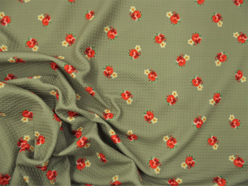 Bullet Printed Liverpool Textured Fabric Stretch SageGreen Red Yellow Floral U41