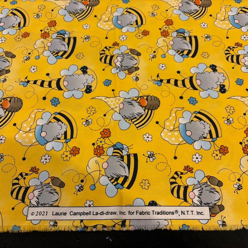 Honey Bee Gnome Fabric Bumble Bees Honey Cotton Apparel Quilting Fabric 2 Yards