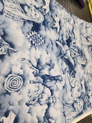 1.50 Yards Native American Indians Fabric Blues White 100 Cotton Horses Legacy
