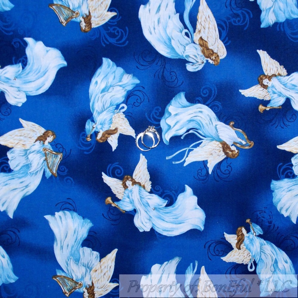 BonEful Fabric FQ Cotton Quilt VTG Blue Angel Fairy Wings Teal White Dress Music