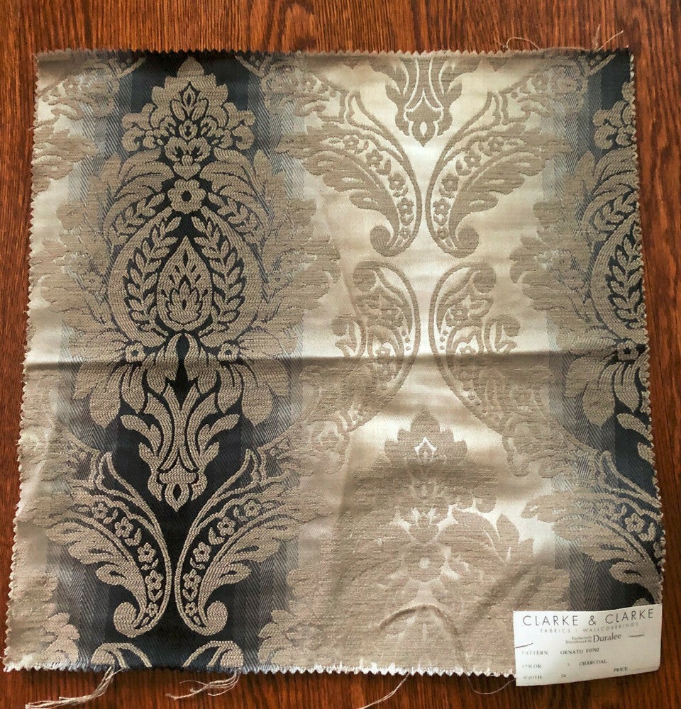 CLARKE & CLARKE Ornato Jewel in Charcoal 17 1/2 x 17 3/4″ Damask Fabric Sample