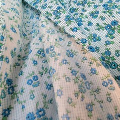 Vintage 60s Blue & White Cotton 5 yds Floral Grid Pattern 37W x 182L Lightweight