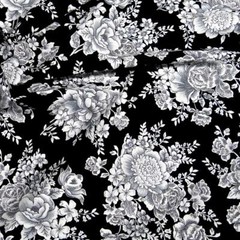 Gray, Black & White Rose Bouquets on Black, Henry Glass Cotton, BTHY or BTY