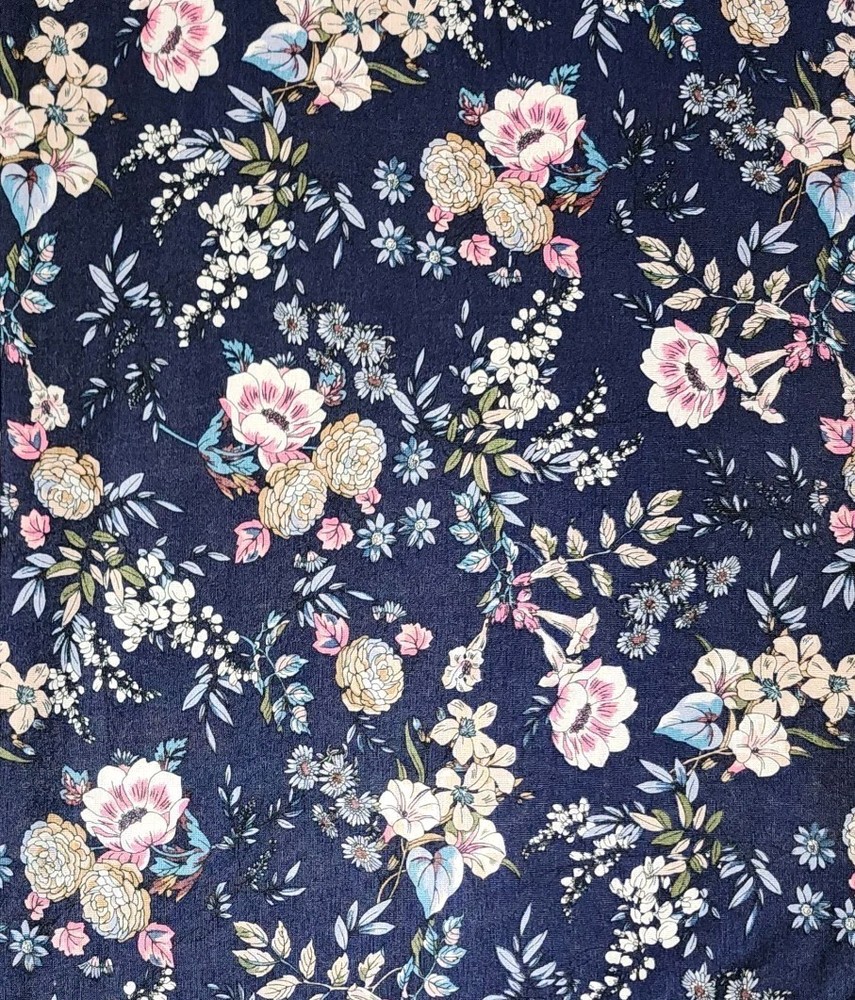 Navy Blue floral Printed spandex stretchable Fabric wrinkle-Free 60” W Sold BTY