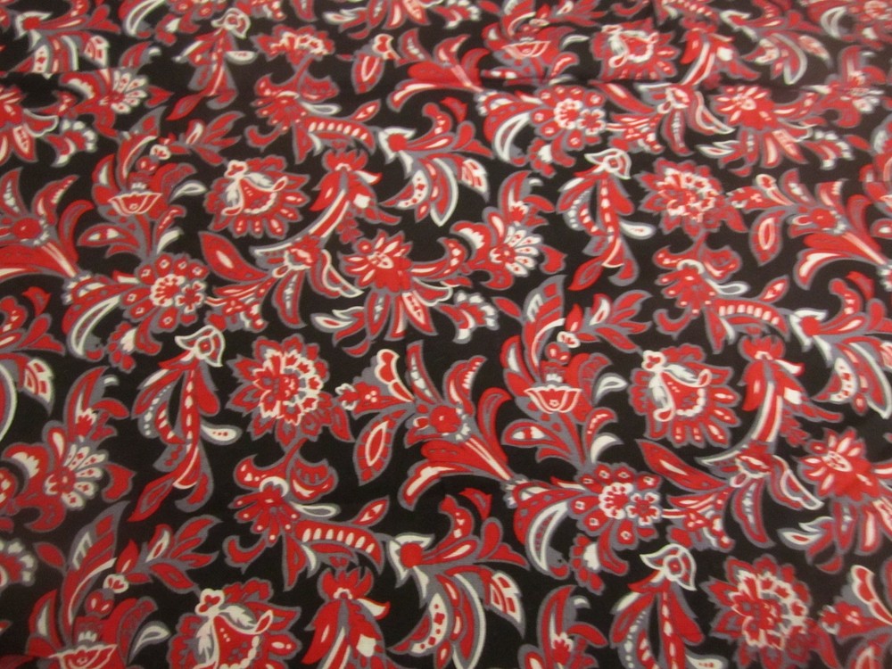 Challis Rayon Apparel Fabric Red Grey White on Black 1yd 14″ x 54