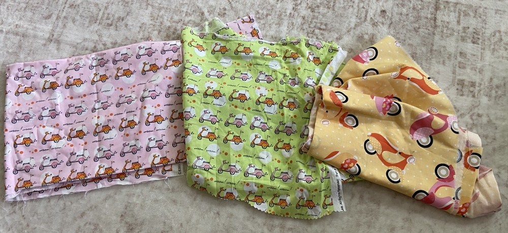 RETRO VESPA SCOOTERS VROOM COTTON FABRIC- Green, Pink, Orange