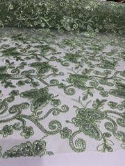 Sage Butterfly Sequin Lace Fabric – 3D Embroidered Floral Mesh Couture Beaded