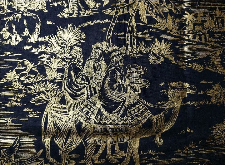 DAISY KINGDOM CHRISTMAS NATIVITY TOILE Black/Gold Cotton Fabric 3 Pcs Vintage