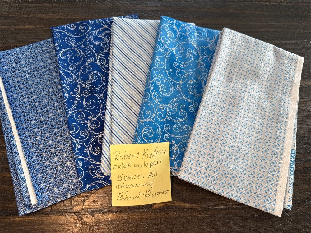 5 Pieces Coordinating Robert Kaufman Blue Silver Fabric 18”x 42” Made In Japan