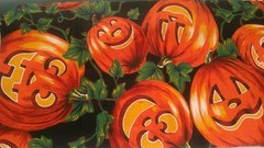 Fabric Kaufmann Halloween Pumpkins Hunter Green Leaves on Black $3.50