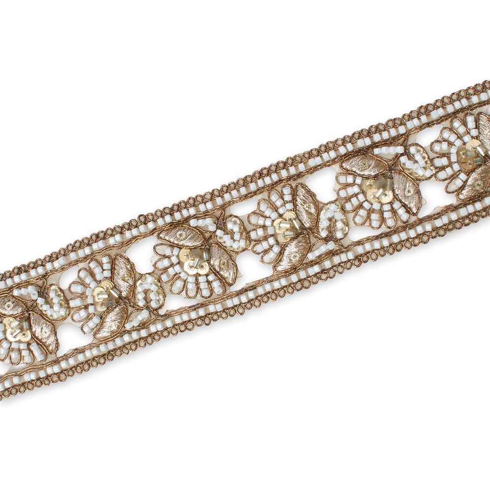 Beaded Lace Fabric Trim 1.5 Inch Metallic Sequin Embroidery 4.9 / 9.8 Yard Spool