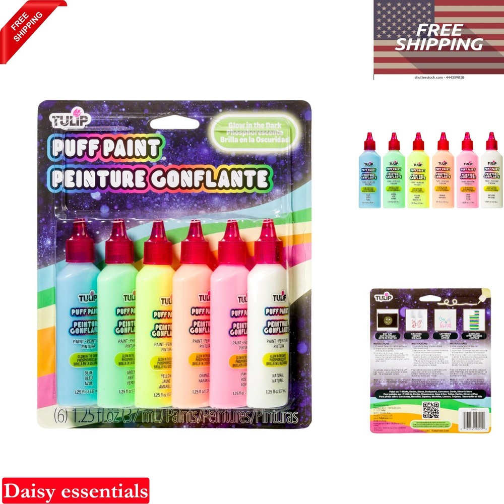 Dimensional Glow Fabric Paint Set 6-Pack Glow in Dark Bright Neon Colors