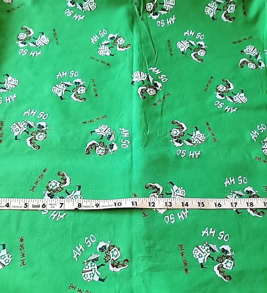Chinese Asian Ah So Flocked Fabric Green White Black 3 yd x 44/45″
