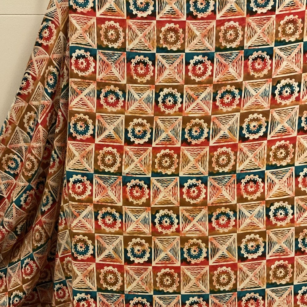 Silk Multicolor Geometric Pattern Brown Red Blue Beige Square Design