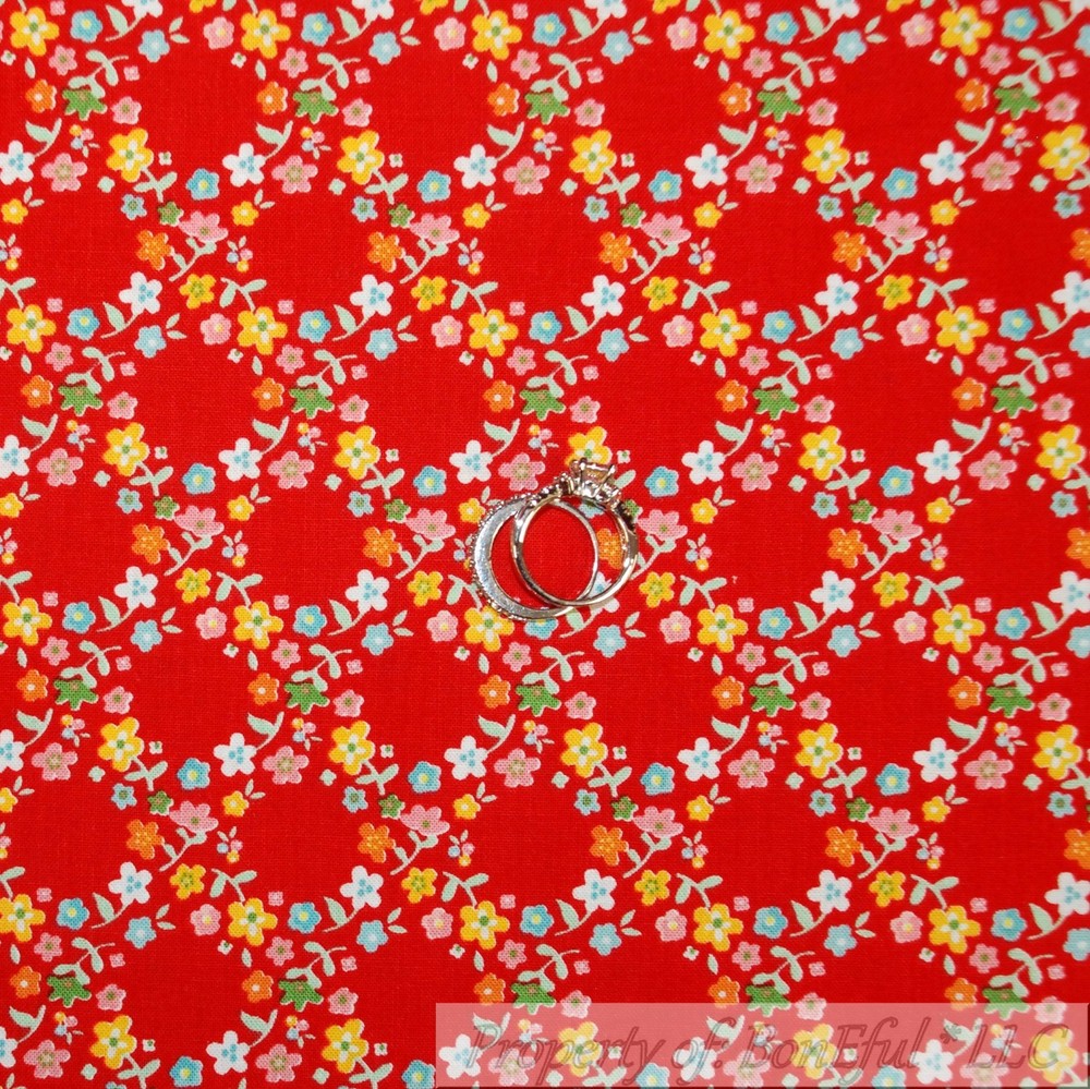 BonEful Fabric FQ Cotton Quilt Red Yellow Blue Green Little Flower Dot Circle US