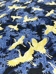 Japanese fabric small cranes birds art deco blue gold heron stork asian chinese