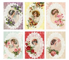 Set of 6 Vintage Victorian Ladies in Doilies Collage Cotton Fabric Blocks