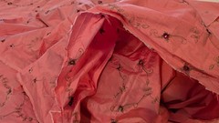 Dusty Pink – Rose & Leaves Embroidered Dupioni Silk Fabric Romantic Shabby Chic