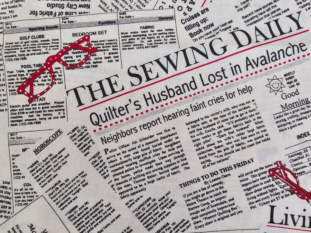 Black & White & Read Allover Fabric Newspaper Glasses Cotton Quilt Fabric BTY
