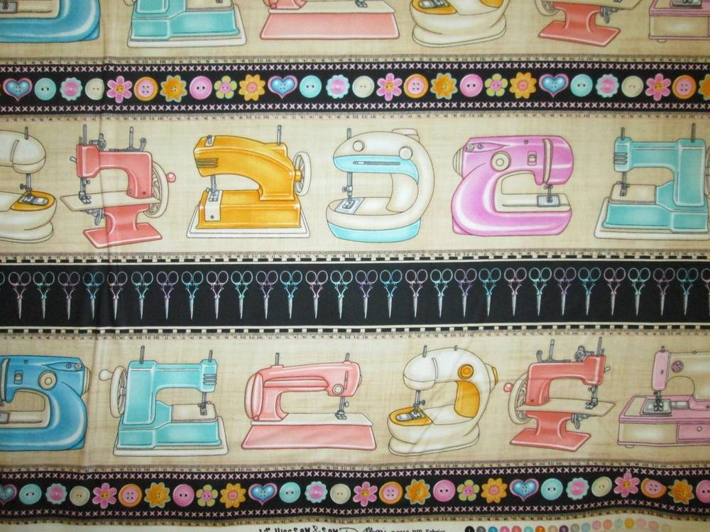 RETRO SEWING MACHINES BORDER COLORS SEW MACHINE COTTON FABRIC FQ