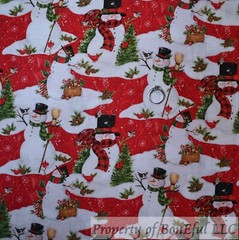 BonEful Fabric FQ Cotton Quilt Red Cardinal White Snowman Xmas Tree Scenic Print