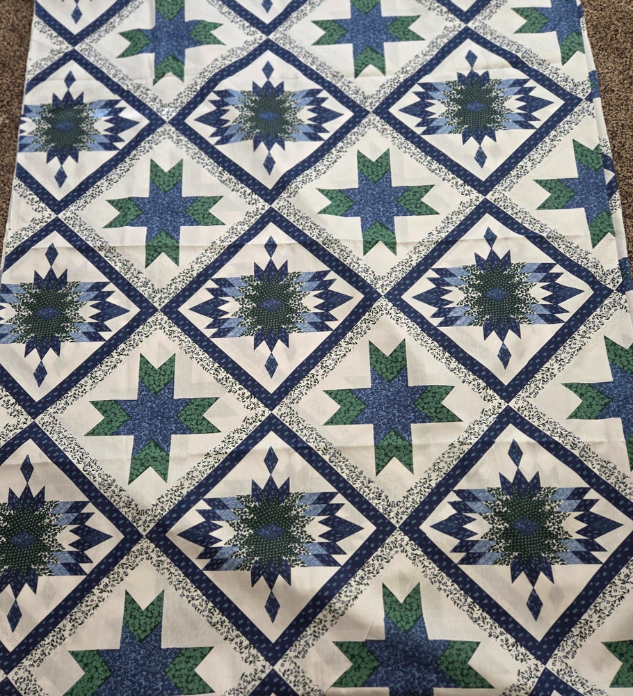 3+Yd Vtg 90WX115L Floral Cotton FABRIC Large Cheater QUILT TOP Panel Blue Green