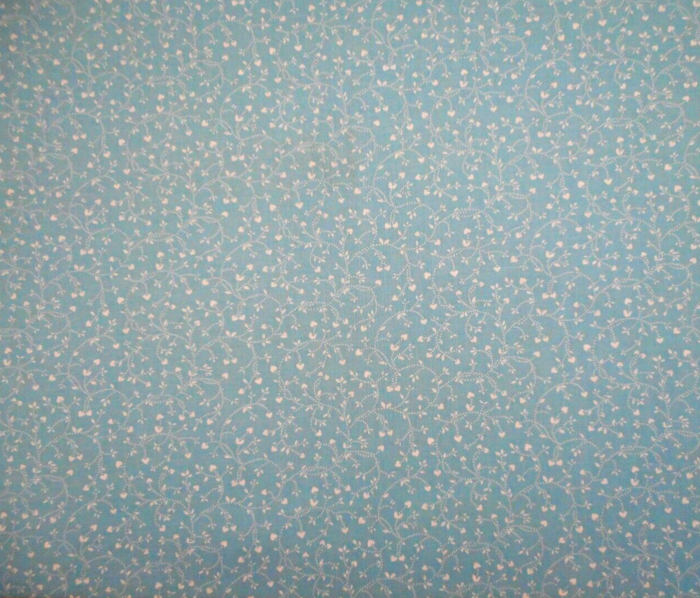 Valentine Fabric By The Yard Tiny White Floral Hearts on Blue Cotton Vtg
