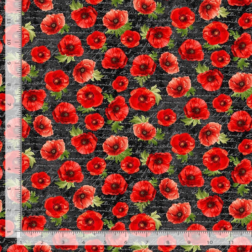 Poppy Passion Floral Fabric | Flower Text Script Black | Timeless Treasures YARD