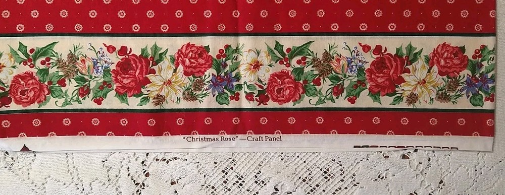 Christmas Rose Floral Fabric Remnant Border VIP Cranston Red Green 17″x 4 1/2″