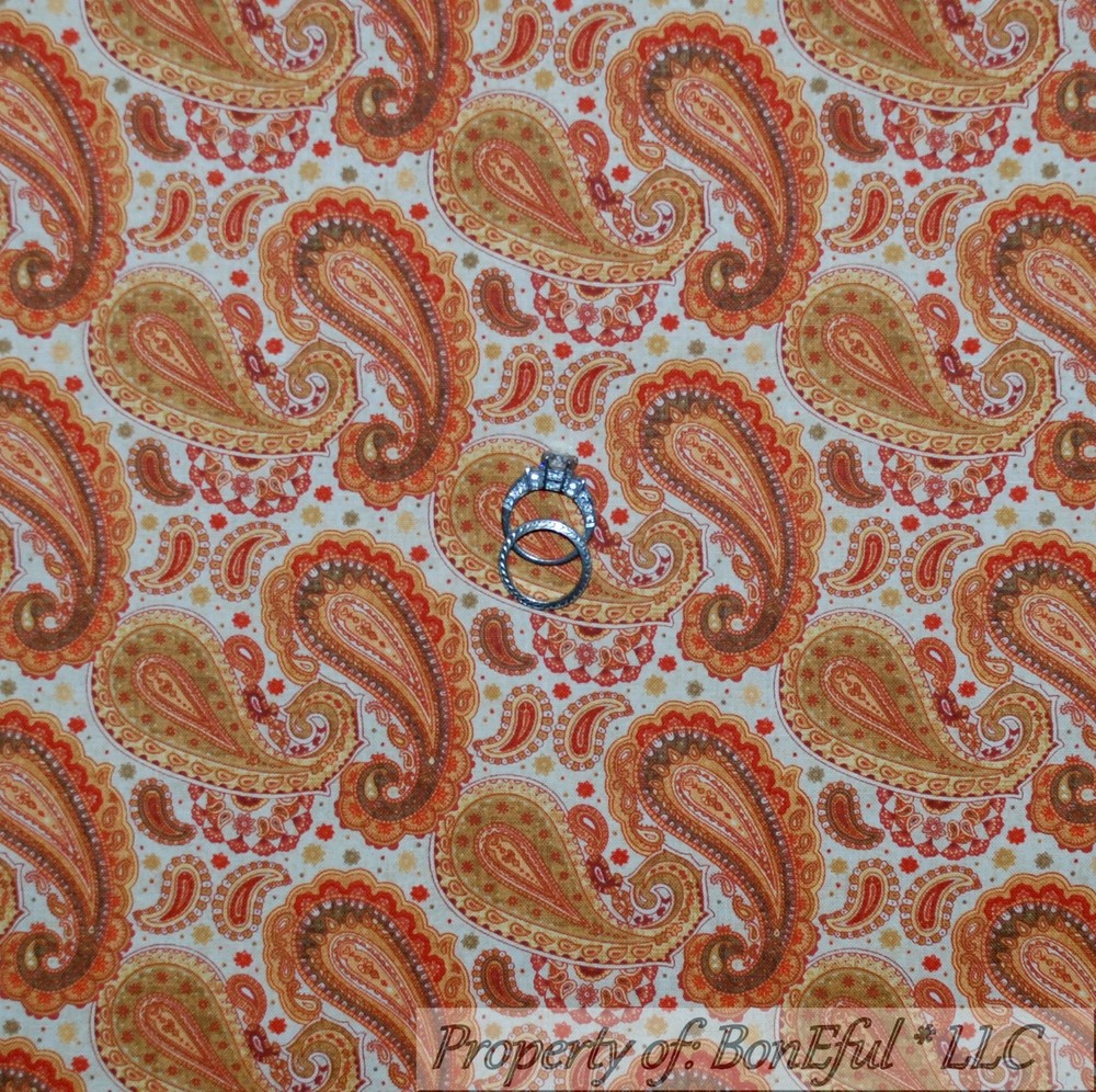 BonEful Fabric FQ Cotton Quilt Cream Brown Orange Fall Flower Paisley Dot Calico
