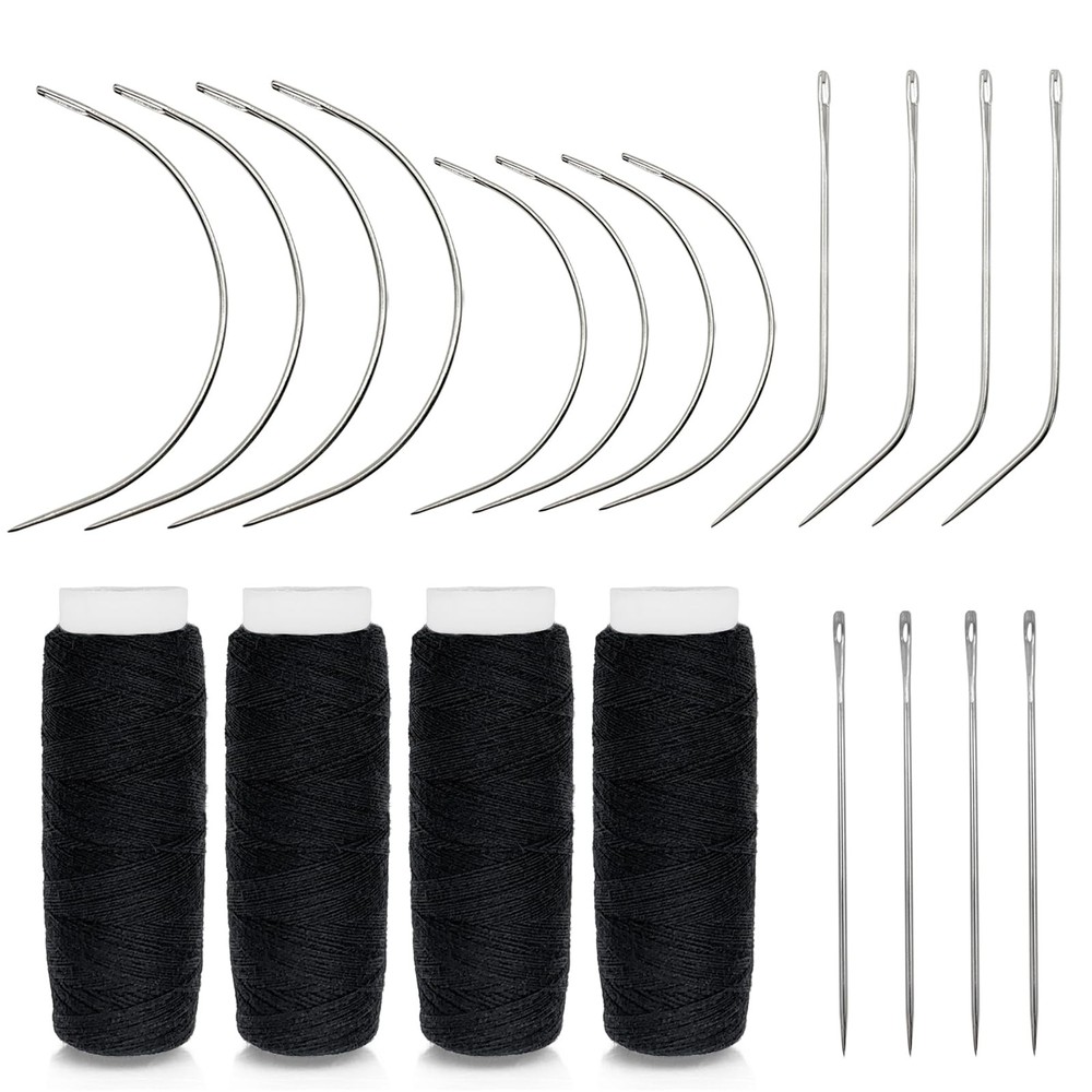 20 PCS Hair Needle and Black Thread Kit for Making Wig, Big Medium