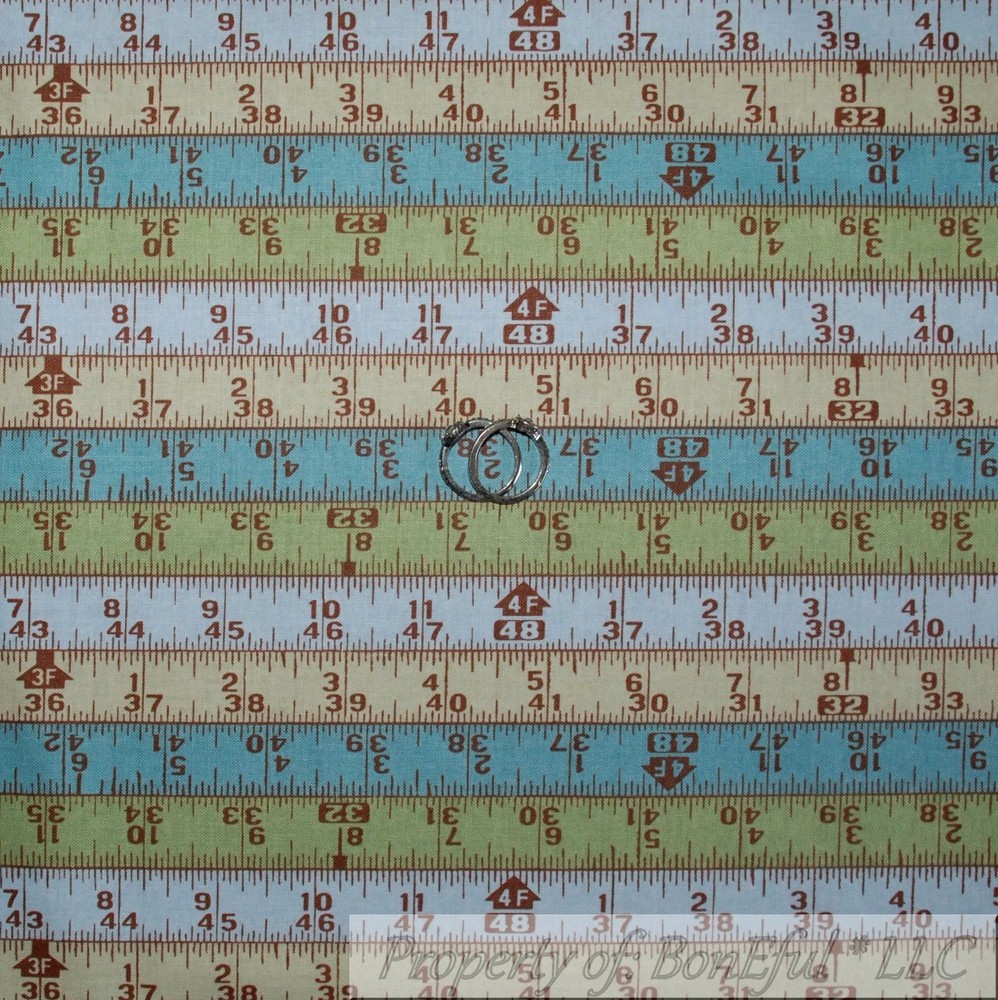 BonEful Fabric FQ Cotton Quilt Blue Brown Tape Measure Construction Wood Work US