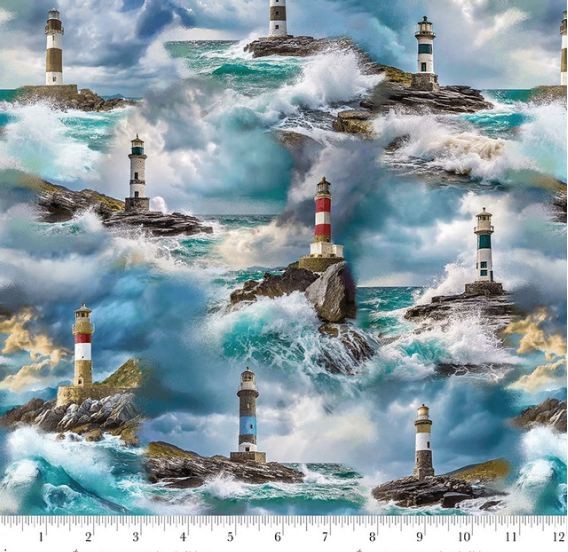 Cotton Coastal Guardians Lighthouse Ocean Nautical Fabric Print by Yard D387.53