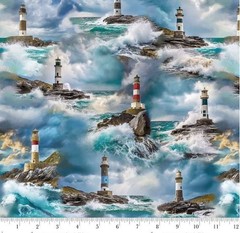Cotton Coastal Guardians Lighthouse Ocean Nautical Fabric Print by Yard D387.53