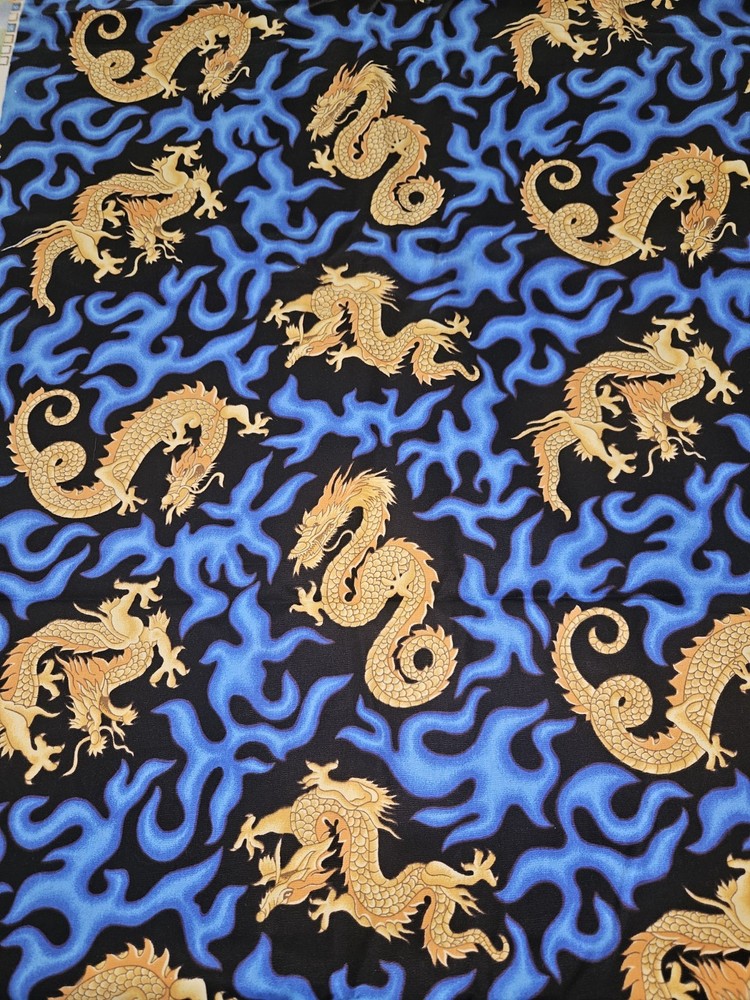 Cranston VIP Golden Dragon Oriental Blue FLAMES Cotton Fabric 2.25 Yrds X 45″ W